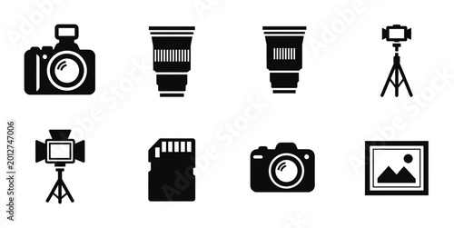 8 Photography icons featuring camera lens, tripod, sd card and studio light, outline solid styles, UI and web interface design