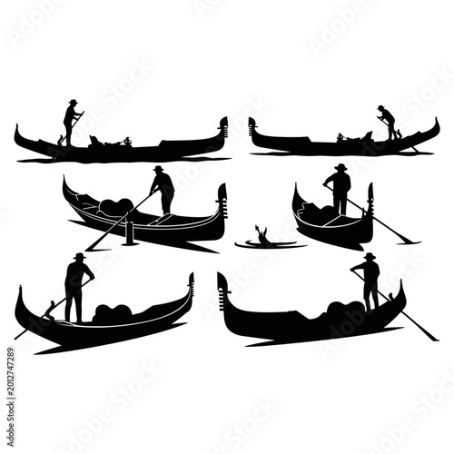 Venice Gondola Silhouettes: Gondoliers Rowing on Water