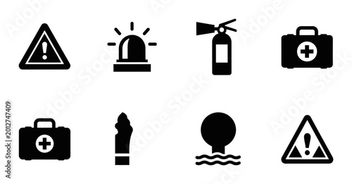 Photos 8 Emergency icons featuring fire extinguisher, first aid kit, siren and warning,