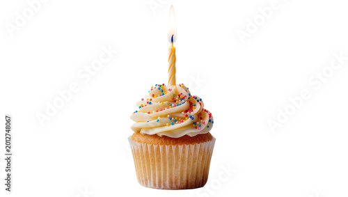 Single lit birthday candle on a frosted cupcake with sprinkles, isolated on transparent background