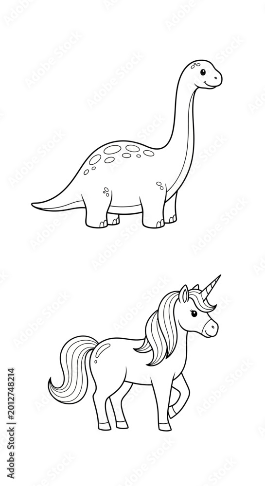Fototapeta premium Cute cartoon dinosaur and unicorn illustration, isolated on white background.