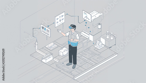 工場DXを説明する日本人男性VR作業者の等角図解グラフィック素材