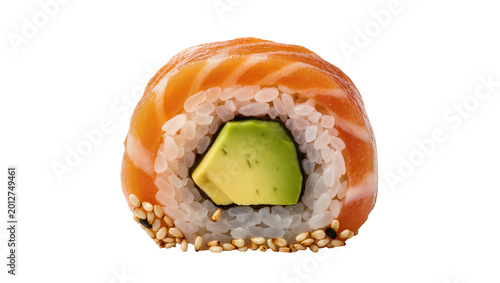 Fresh salmon and avocado sushi roll with sesame seeds, isolated on transparent background