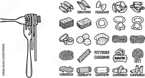 Cuadro en lienzo Black and White Line Art Vector of Various Pasta Types on White Background