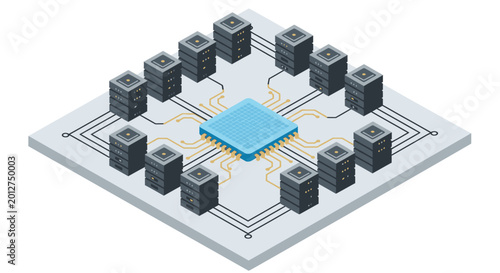 Conceptual illustration of a microchip with connected components on a circuit board.