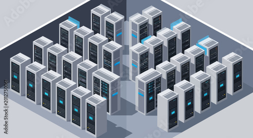 Isometric illustration of computer server room.