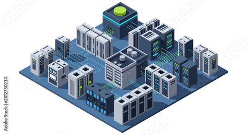 Isometric illustration of a futuristic cityscape with sleek skyscrapers and technology.