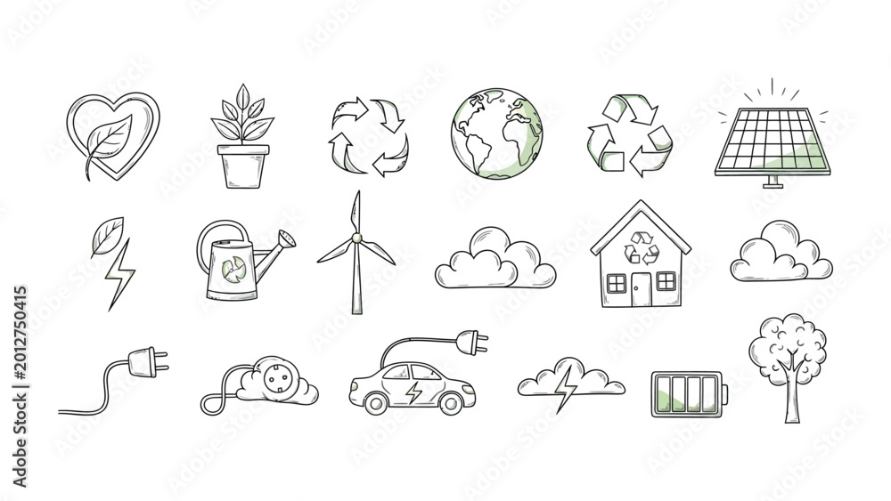 Fototapeta premium Eco-conscious Doodle Collection: An array of whimsical doodles captures essential elements for sustainable living, encouraging eco-consciousness. A visual symphony.