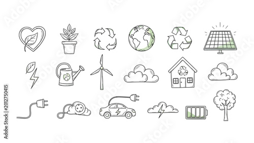 Eco-conscious Doodle Collection: An array of whimsical doodles captures essential elements for sustainable living, encouraging eco-consciousness. A visual symphony.
