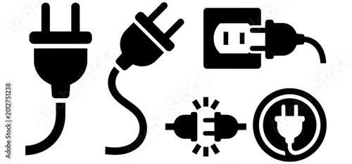Foto Electric plug and socket icon set with outlet, cord, and connection symbols