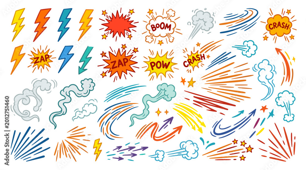 Fototapeta premium Dynamic comic book style explosion and action sound effects collection for graphic design and visual storytelling