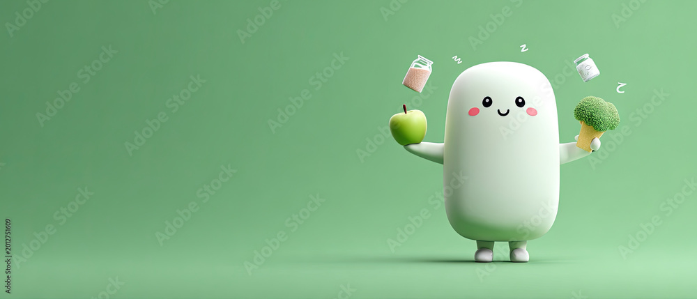 Fototapeta premium Smiling cartoon character holding apple and broccoli with milk cartons on pastel green background, promoting healthy eating.