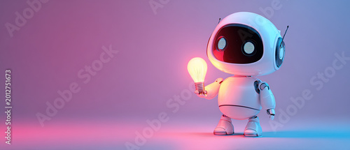 Adorable white robot holding a glowing light bulb, standing on gradient pink and blue background. Futuristic technology and innovation concept.