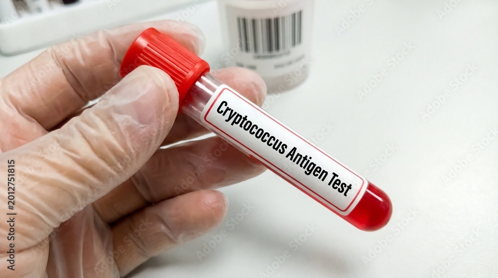 Fototapeta premium Hand holding a test tube labeled Cryptococcus Antigen Test for medical diagnosis
