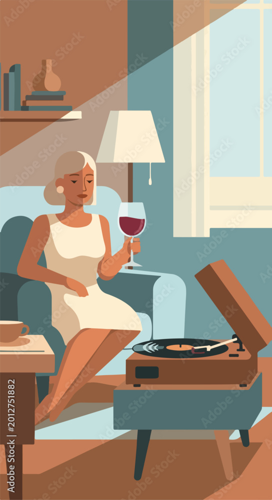 Fototapeta premium Relaxed woman sips red wine, eyes closed, listening to vinyl records in a calm room