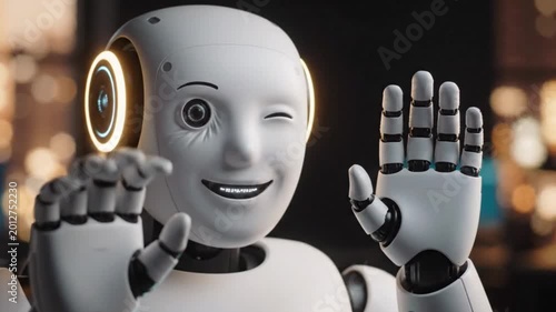 AI Customer Service Humanoid Robot Winking Smiling And Waving Hello Cinematic Bokeh Office UI Avatar Video Template