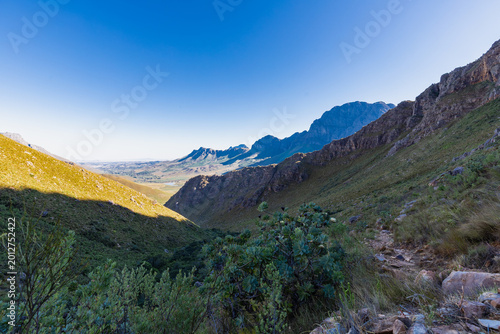 An amazing view on a perfect day over the Jonkershoek Nature Reserve located close to Stellenbosch in South Africa and home to the Jonkershoek Mountains and the impressiv valley. The reserve includes 