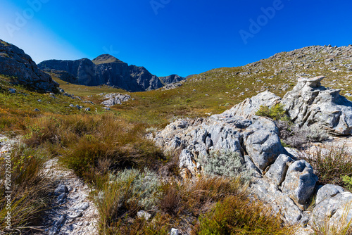 An amazing view on a perfect day over the Jonkershoek Nature Reserve located close to Stellenbosch in South Africa and home to the Jonkershoek Mountains and the impressiv valley. The reserve includes 