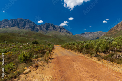 An amazing view on a perfect day over the Jonkershoek Nature Reserve located close to Stellenbosch in South Africa and home to the Jonkershoek Mountains and the impressiv valley. The reserve includes 