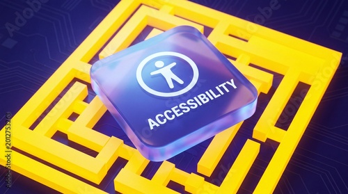 Accessibility sign on a purple button within a yellow maze