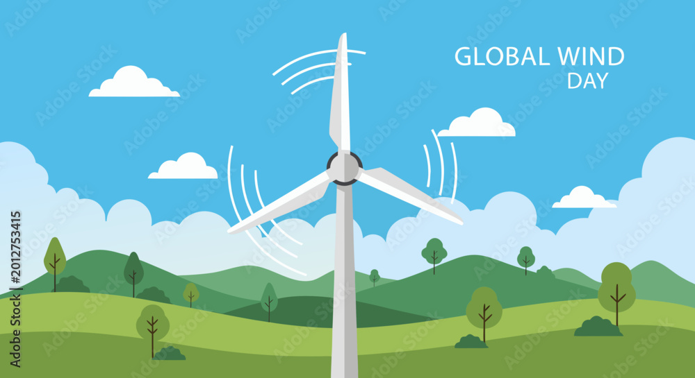 Obraz premium Global Wind Day banner with wind turbine in green landscape. Renewable energy and ecology concept. Flat design vector illustration