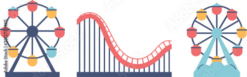 Tableau sur toile Amusement park rides collection, ferris wheels and roller coaster illustration,