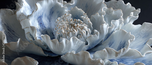 Elegant close-up of a handcrafted white porcelain flower with delicate blue accents, ideal for creative design, luxury branding, or editorial use.