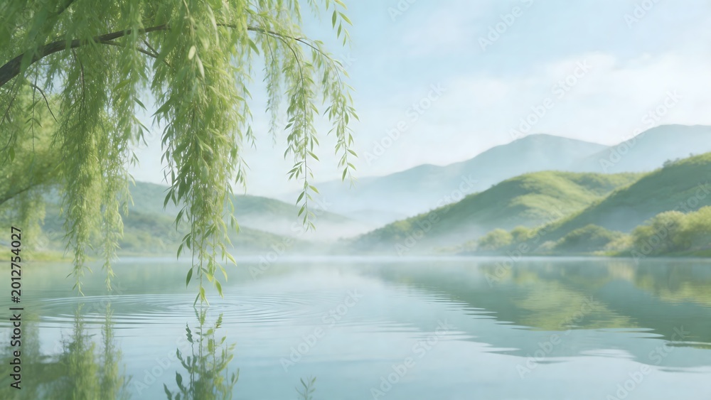 Obraz premium Willow tree by calm lake with mountains