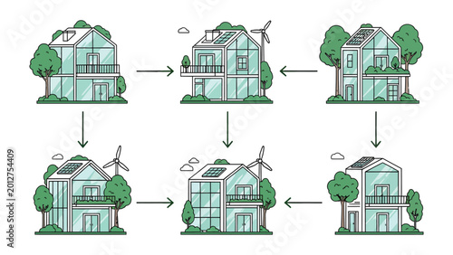 Fotografía Eco-friendly House: A sequence of eco-friendly houses showcases innovative sustainable living concepts, highlighting a commitment to a greener future