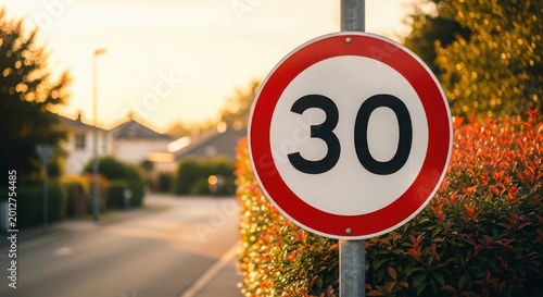 Speed limit 30 sign on a residential street at sunset in a suburban neighborhood
