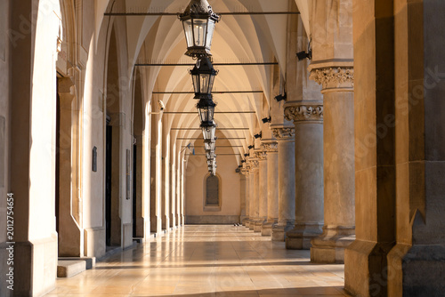 Kraków Sukiennice Cloth Hall gothic arcades in the early morning hours, Sukiennice, Krakow Main Market Square, Krakow Old Town, Krakow, Poland