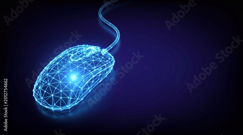 Digital mouse with glowing wireframe design on dark background
