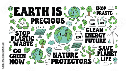 Fotografi Eco-Conscious World: An illustration showcases Earth's preciousness, with calls for plastic waste reduction, clean energy, and nature protection, encouraging sustainable living and a greener future