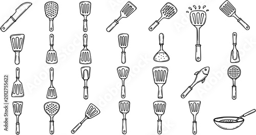 Quadro su tela Black and White Line Art Illustration of Various Kitchen Utensils and Cooking To