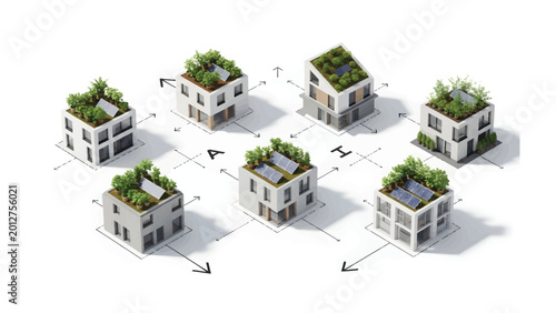 Foto Green-roofed Modern Architecture: An innovative design showcases several modern houses featuring lush green roofs, integrated solar panels, and a focus on sustainable architecture