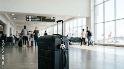 A black suitcase with a soccer ball charm in a spacious airport terminal, suggesting travel and wanderlust. In the background, people are seen walking