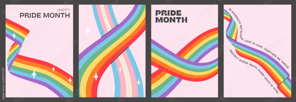 Naklejka premium Pride Month poster set with Y2K rainbow ribbon and transgender flag wave. Retro LGBTQ vertical banners. Graphic prints with inclusive slogans for queer youth support and social media marketing. Vector