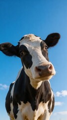 A black and white cow stands in a green field under a clear blue sky, looking directly at the camera with a curious expression.