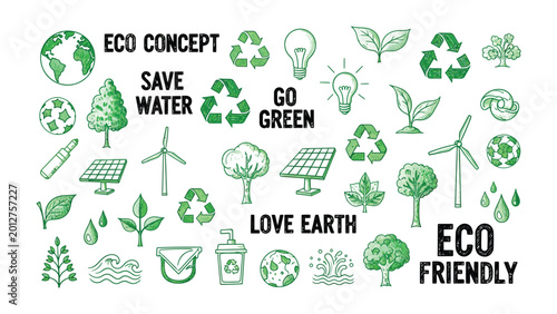 Canvastavla Eco-Friendly Doodle: A collection of hand-drawn icons promoting environmental consciousness and sustainability, symbolizing our commitment to preserving the planet and embracing a greener lifestyle