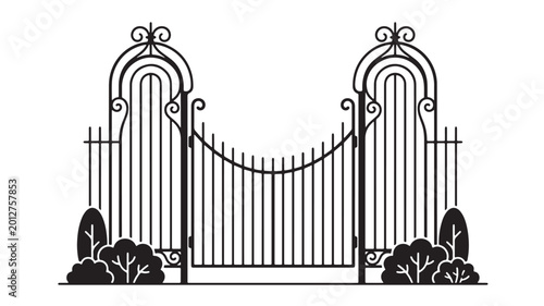 Fotografie Gate wrought iron arch fence icon with curly ornaments and trees on white backgr