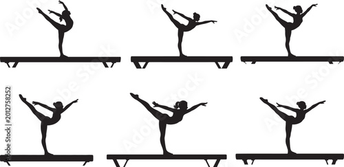 Set of Graceful Female Gymnast Performing Split Leap on Balance Beam, black and white silhouette, vector and illustration