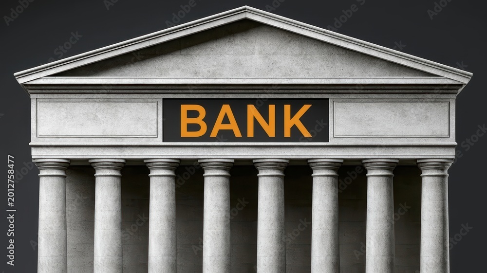 Obraz premium Classic architectural bank building front with stone pillars and bold lettering against dark gray background