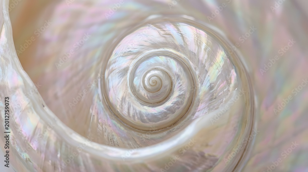 Fototapeta premium Close up macro shot of a beautiful pearlescent nautilus shell featuring intricate spiral patterns and a shimmering iridescent surface texture