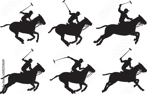 Silhouette of Polo Player on Horseback Swinging Mallet black and white silhouette, vector and illustration set