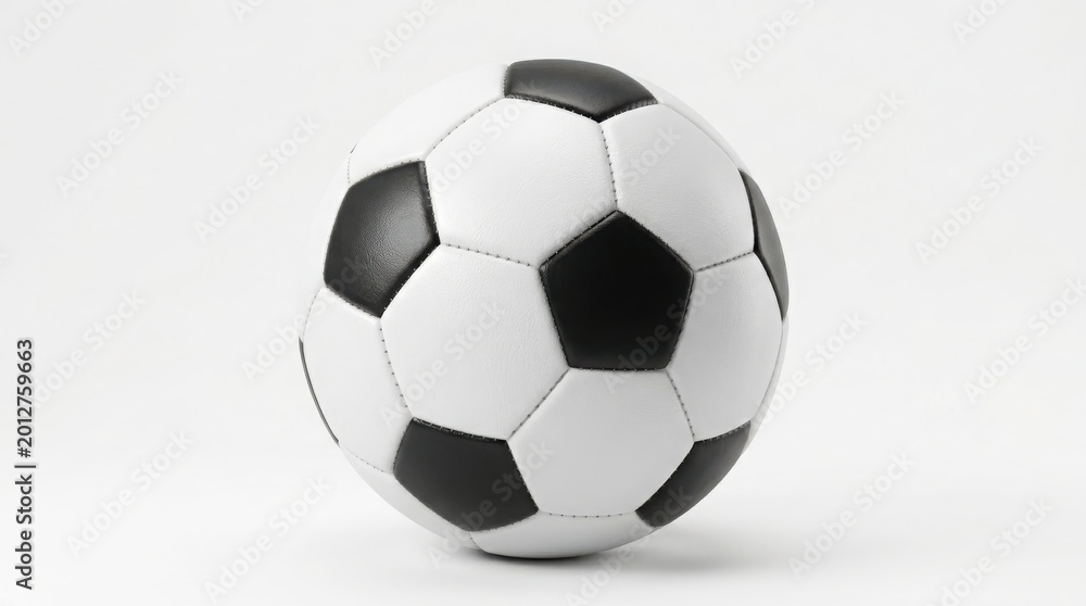 Fototapeta premium Classic soccer ball with black and white pentagon panels, professional leather football equipment, traditional sports ball for team competition isolated on White Background