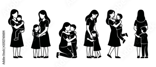 Obraz na płótnie Mother and child hugging silhouettes, set of caring parenting poses, flat vector