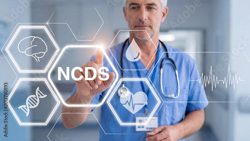 Noncommunicable diseases medical professional concept with doctor interacting with digital hexagonal health interface showing brain heart blood genetics and cardiovascular monitoring