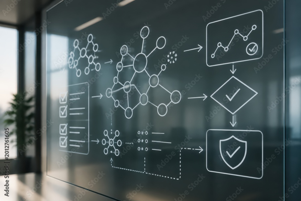 Fototapeta premium AI data security network diagram on glass wall for business analytics cybersecurity and technology presentation