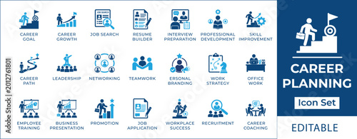 Konstfotografi Career planning icon set featuring job search, resume cv writing, professional growth, mentorship, interview preparation, leadership development, and strategic goal setting symbols