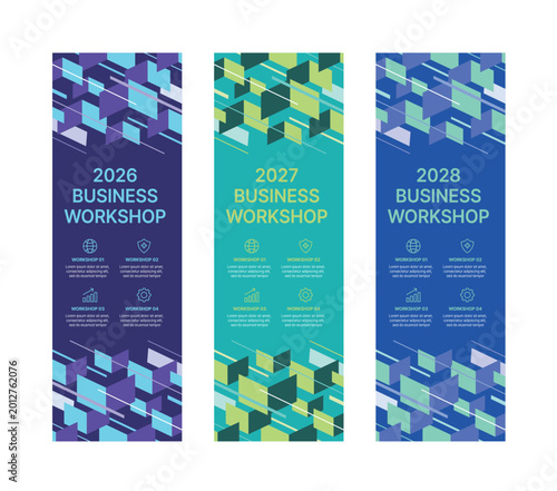 Modern business banner templates with abstract geometric patterns. Perfect for workshops, events, conferences, presentations, or branding projects, combining style and professionalism.